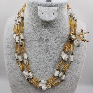 Vintage Art Glass Bead Necklace 4 Strand Amber White Hollywood Glam 16 Inch